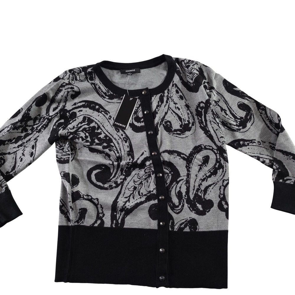 Premise Womens Paisley Print Button Front Cardigan Sweater Grey Black Size S
